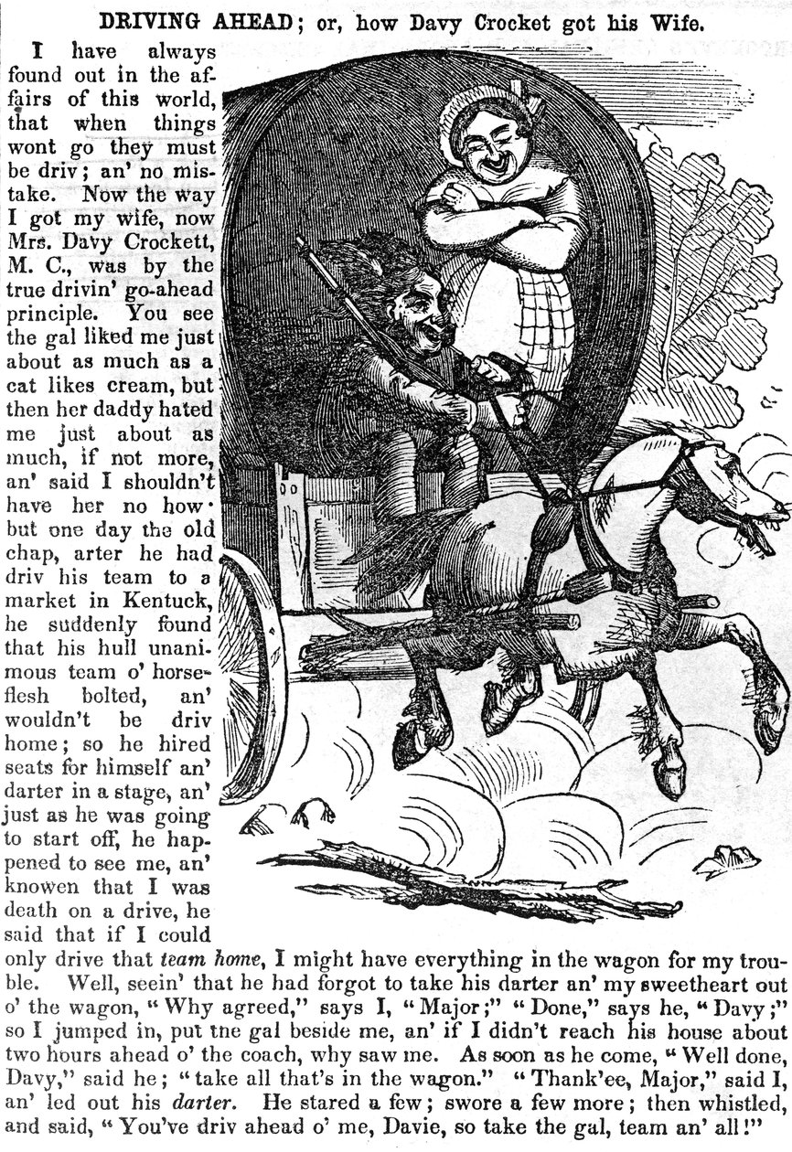 Vorwärts treiben oder wie Davy Crockett seine Frau bekam, aus Crocketts Almanack für 1856, veröffentlicht in New York, 1855 von American School