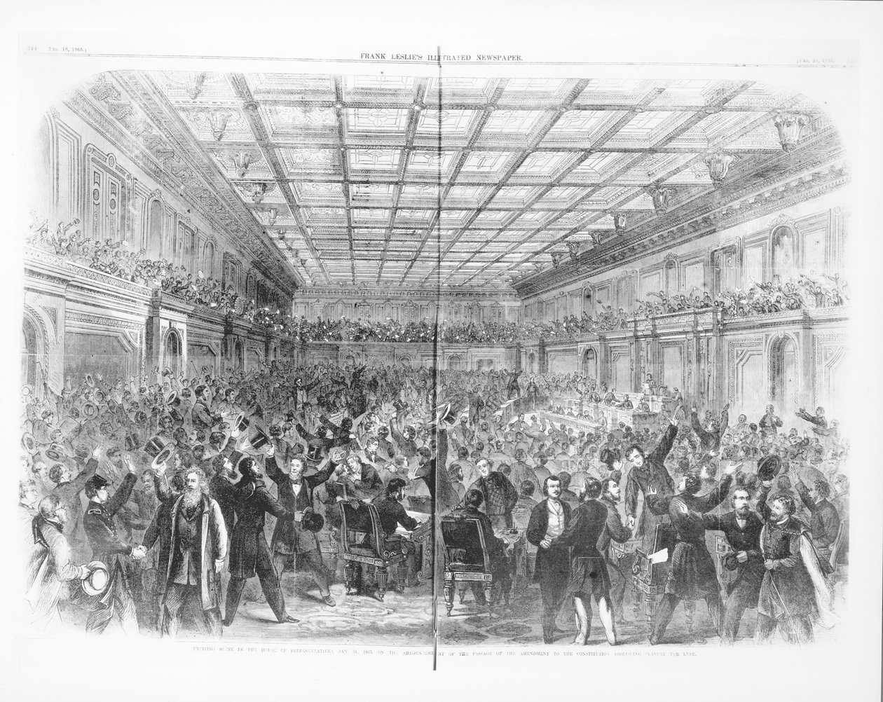Aufregende Szene im Repräsentantenhaus am 31. Januar 1865 bei der Verkündung der Verabschiedung des Amendments zur Abschaffung der Sklaverei für immer, aus 
