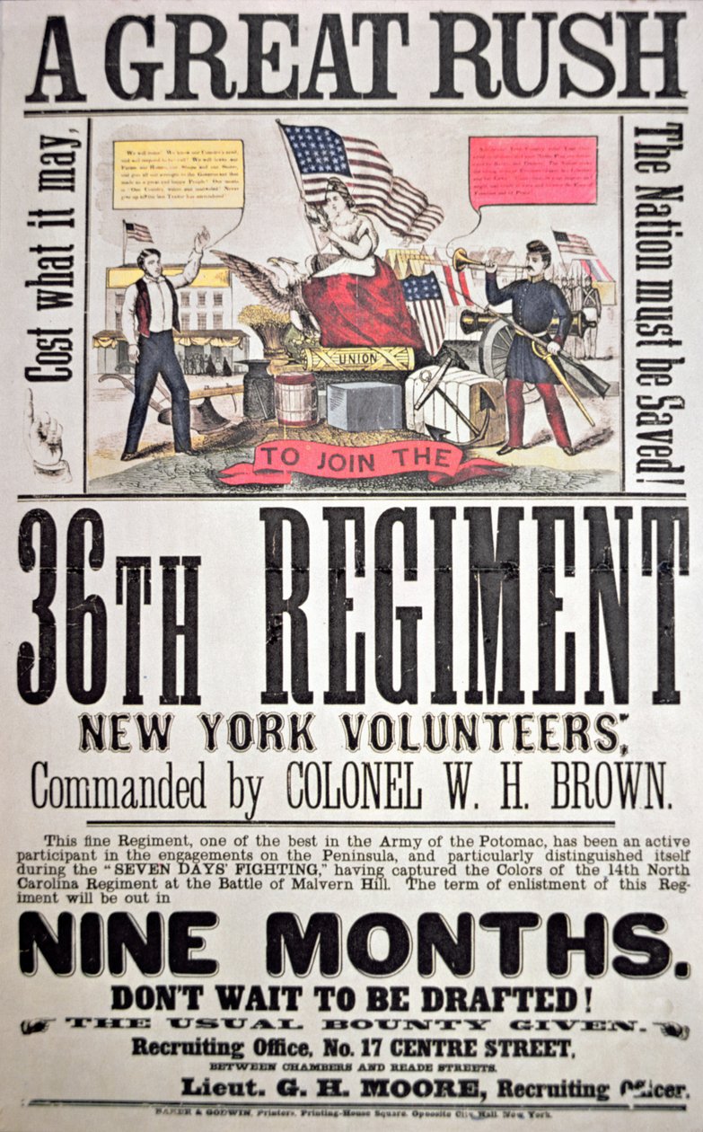 Bundesrekrutierungsplakat für das 36. Regiment, New Yorker Freiwillige von American School