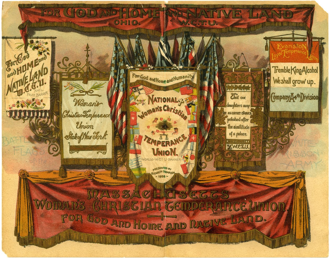 Für Gott und Heimat und Vaterland... Frauenchristliche Mäßigkeitsunion, Schlachtflaggen der Weißen Bänder Armee, 1885 von American School