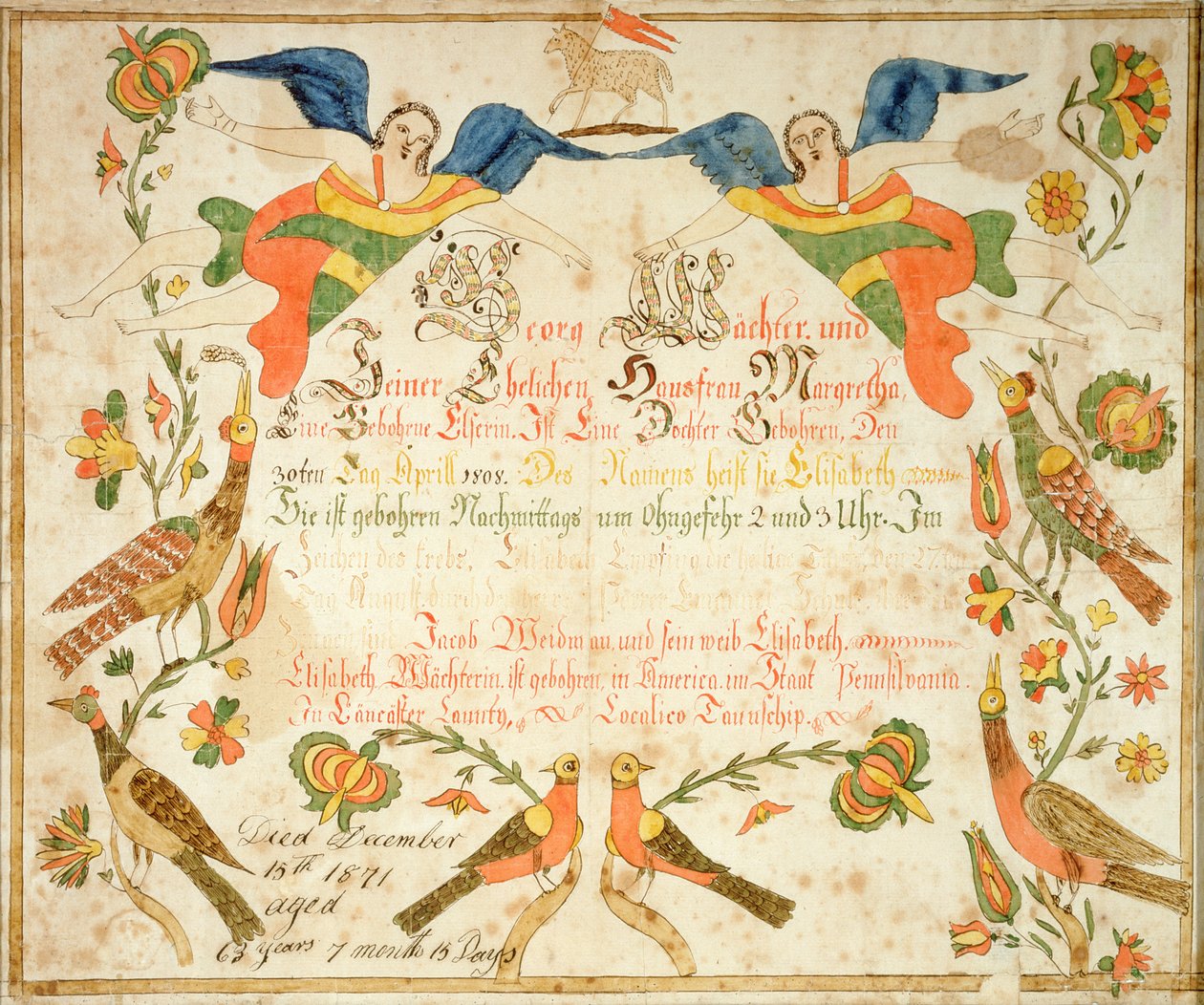 Fraktur für die Geburts- und Taufurkunde für Elizabeth Wachter (1808-71) 1808 von American School