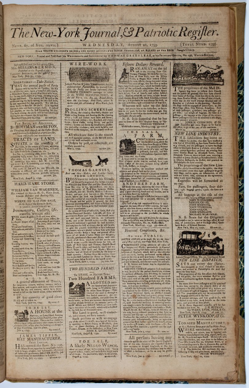 Titelseite des New York Journal and Patriot Register, 21. August 1793 von American School