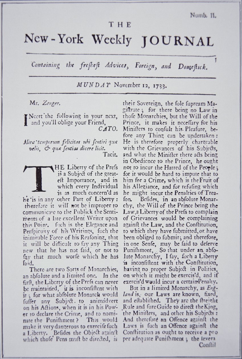 Titelseite des New-York Weekly Journal über Pressefreiheit von American School