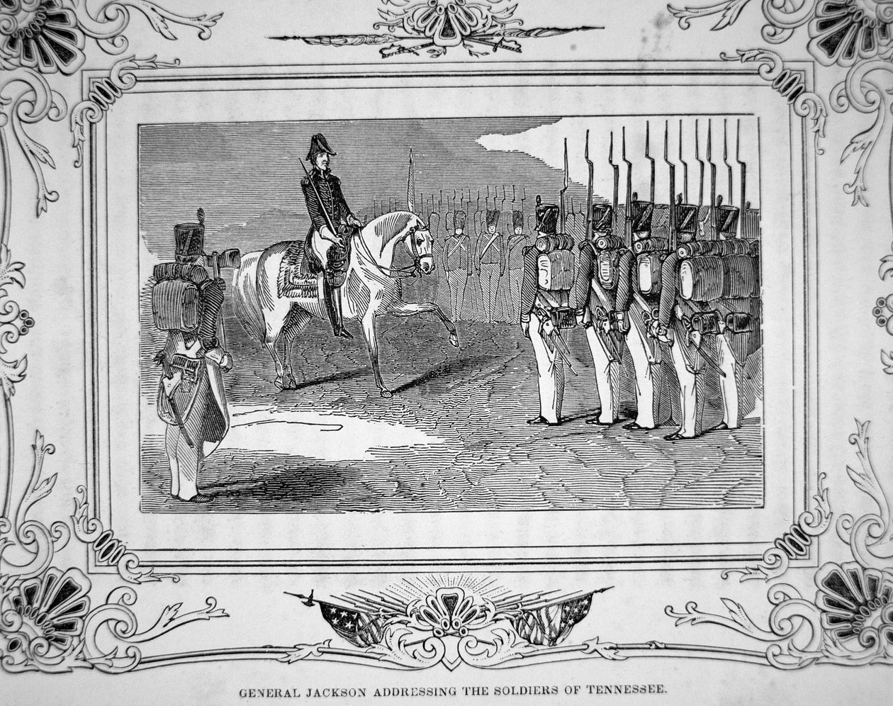 General Andrew Jackson spricht zur Tennessee-Miliz vor der Schlacht von Horsehoe Bend, 27. März 1814 von American School