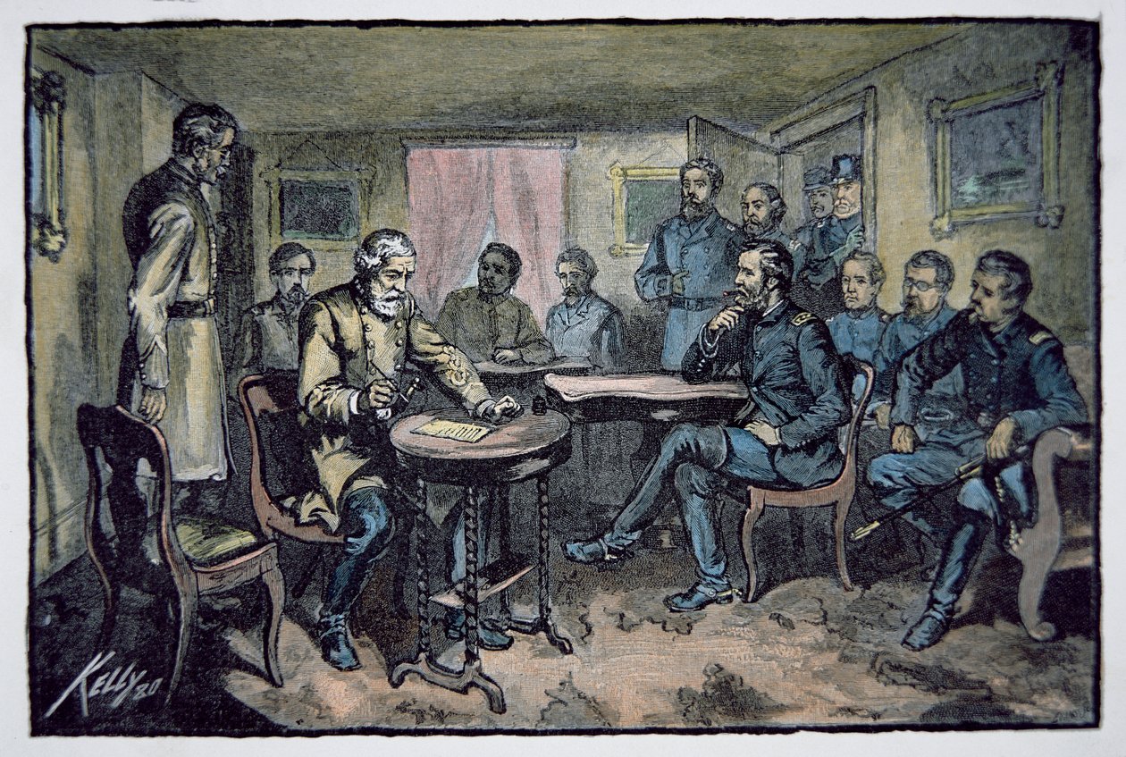 General Robert E. Lee (1807-70) kapituliert vor General Ulysses S. Grant (1822-85) im Appomattox Courthouse, 9. April 1865 von American School