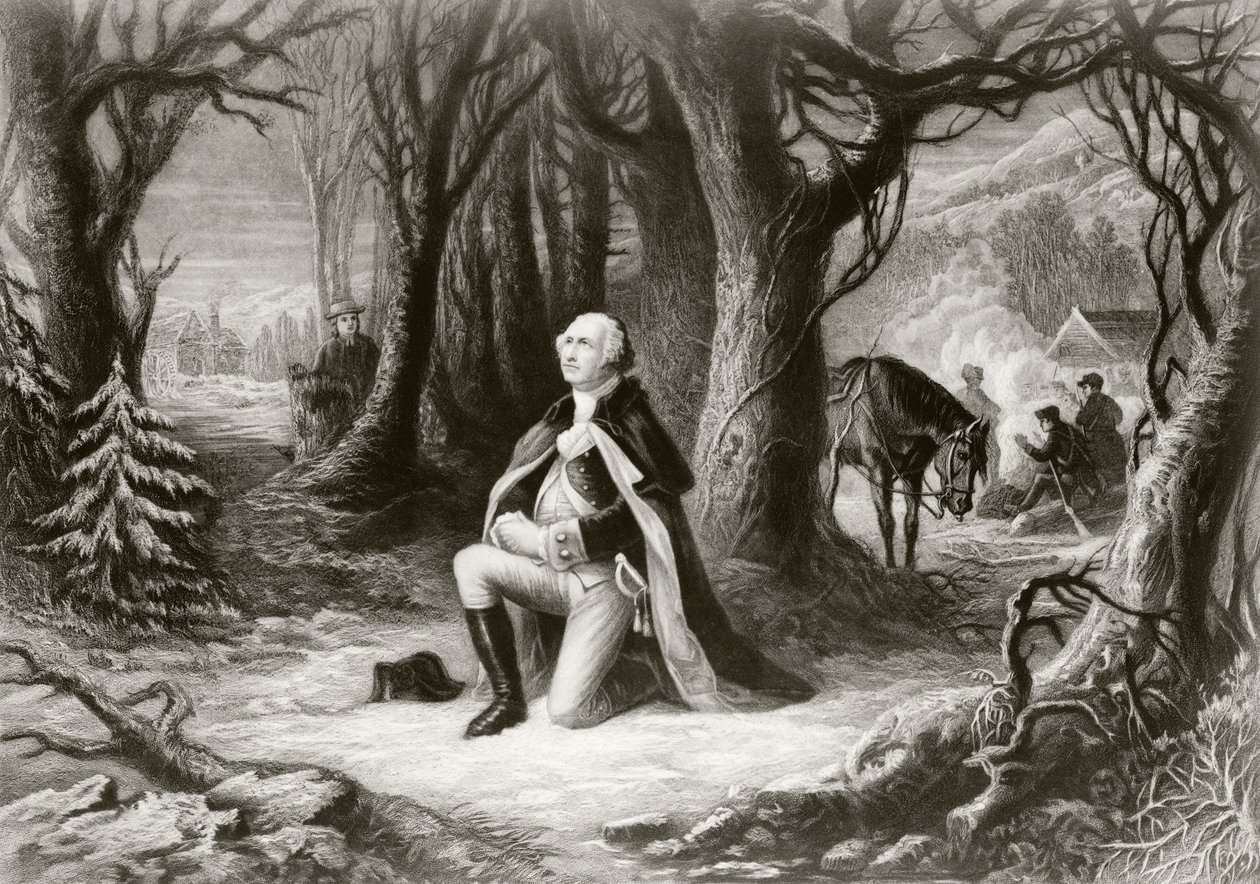 George Washington betet im Winter 1777-78 im Lager des amerikanischen Unabhängigkeitskrieges in Valley Forge, nach einem Gemälde von Henry Brueckner von American School