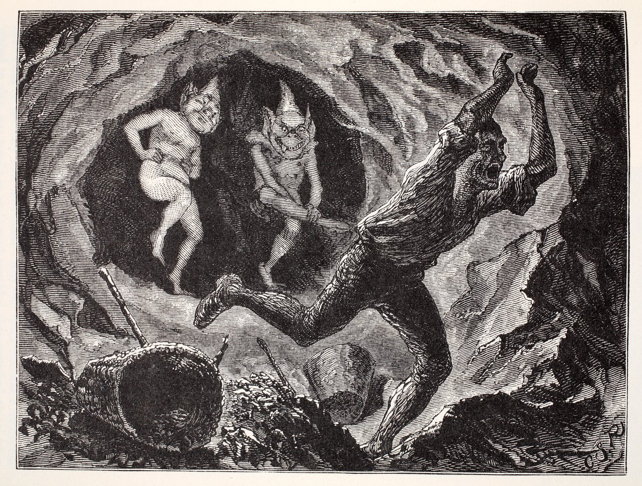 Gnome erschrecken einen Bergmann, aus Der Weltführer zu Gnomen, Feen, Elfen und anderen kleinen Leuten von Thomas Keightley (1789-1872) veröffentlicht 1880 von American School