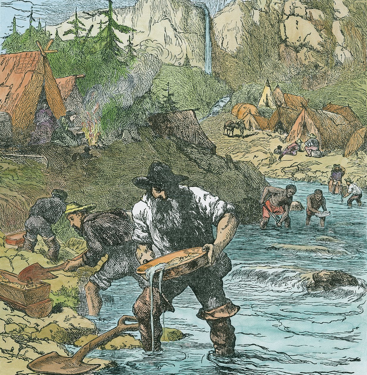 Goldwäsche in Kalifornien, aus einem Buch veröffentlicht 1896 (handkolorierte Gravur) von American School