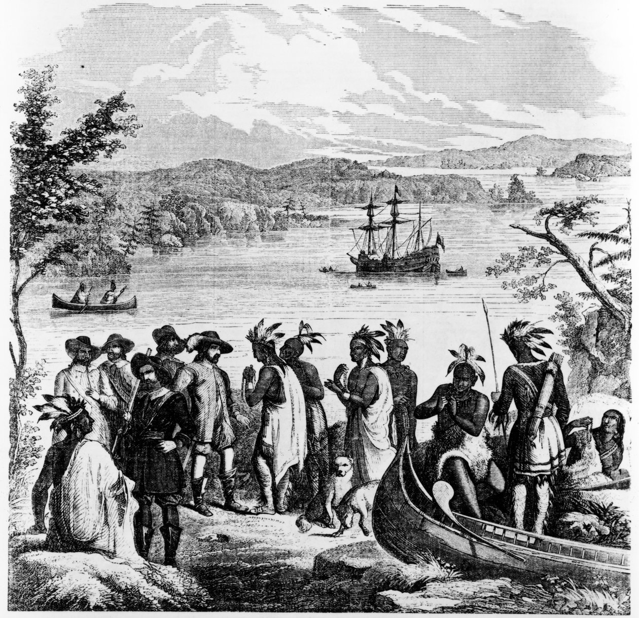 Henry Hudson fährt den Hudson River hinunter, Illustration aus Ballou