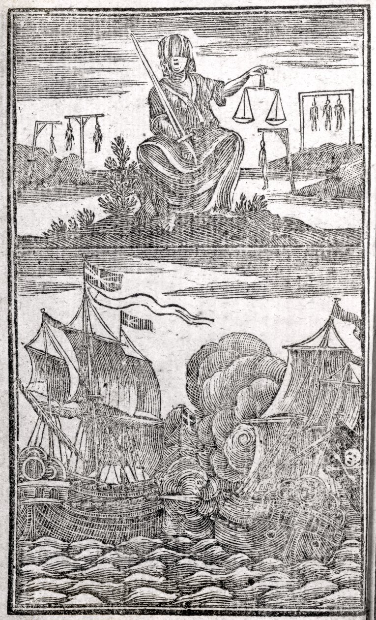 Geschichte und Leben aller berüchtigten Piraten und ihrer Besatzungen, Frontispiz, London, 1725 von American School