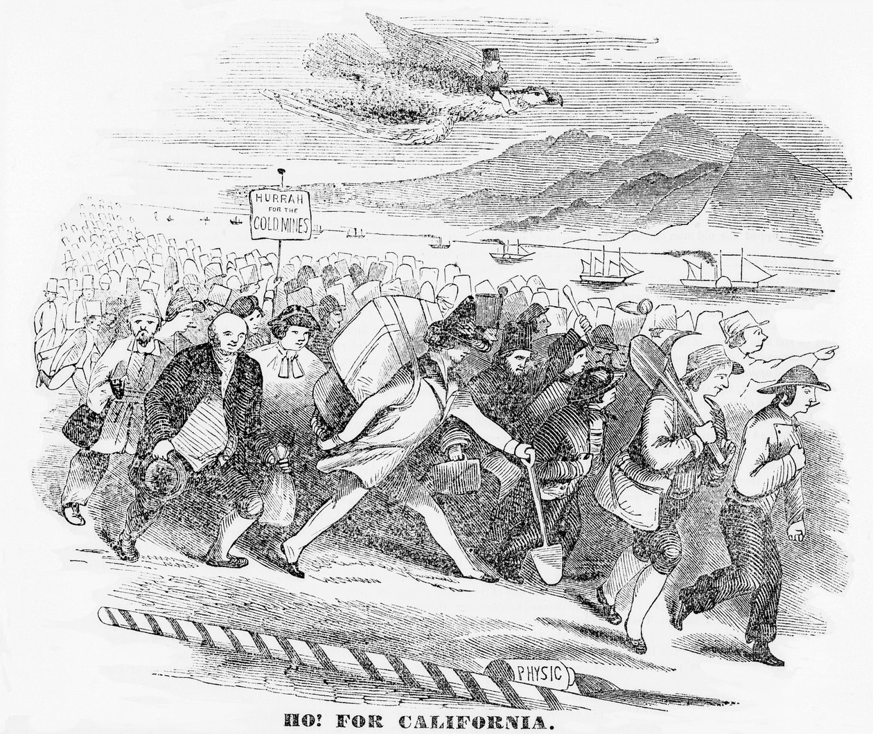 Ho! für Kalifornien, Illustration aus dem New York Atlas, 14. Januar 1849 von American School