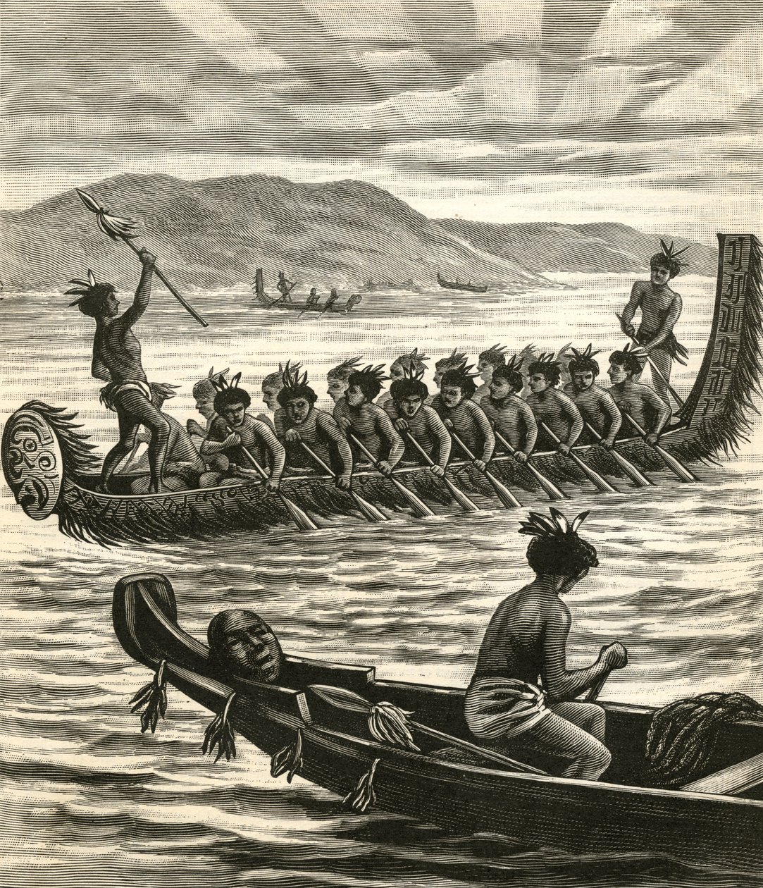 Illustration von Maori-Kriegern in Kanus von American School
