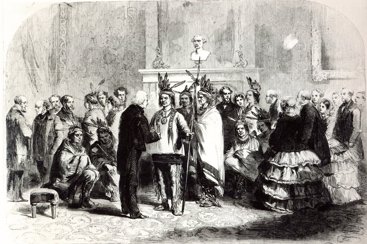James Buchanan, Präsident der Vereinigten Staaten, bringt die feindlichen Stämme der Pawnees und Poncas dazu, sich die Hände zu schütteln, 1858 von American School