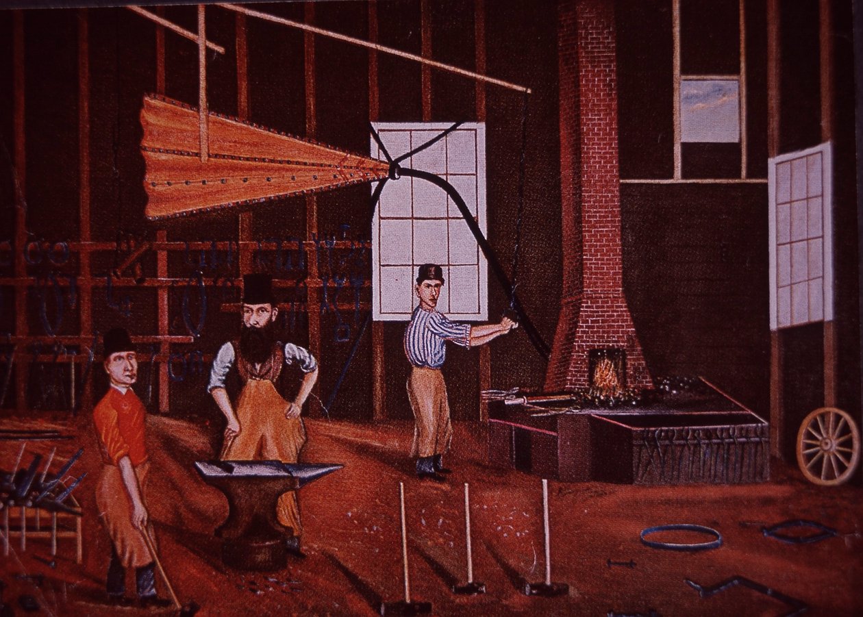 John Mohler Studebaker (Mitte), deutsch-amerikanischer Wagenbauer in der Werkstatt, ca. 1858 von American School