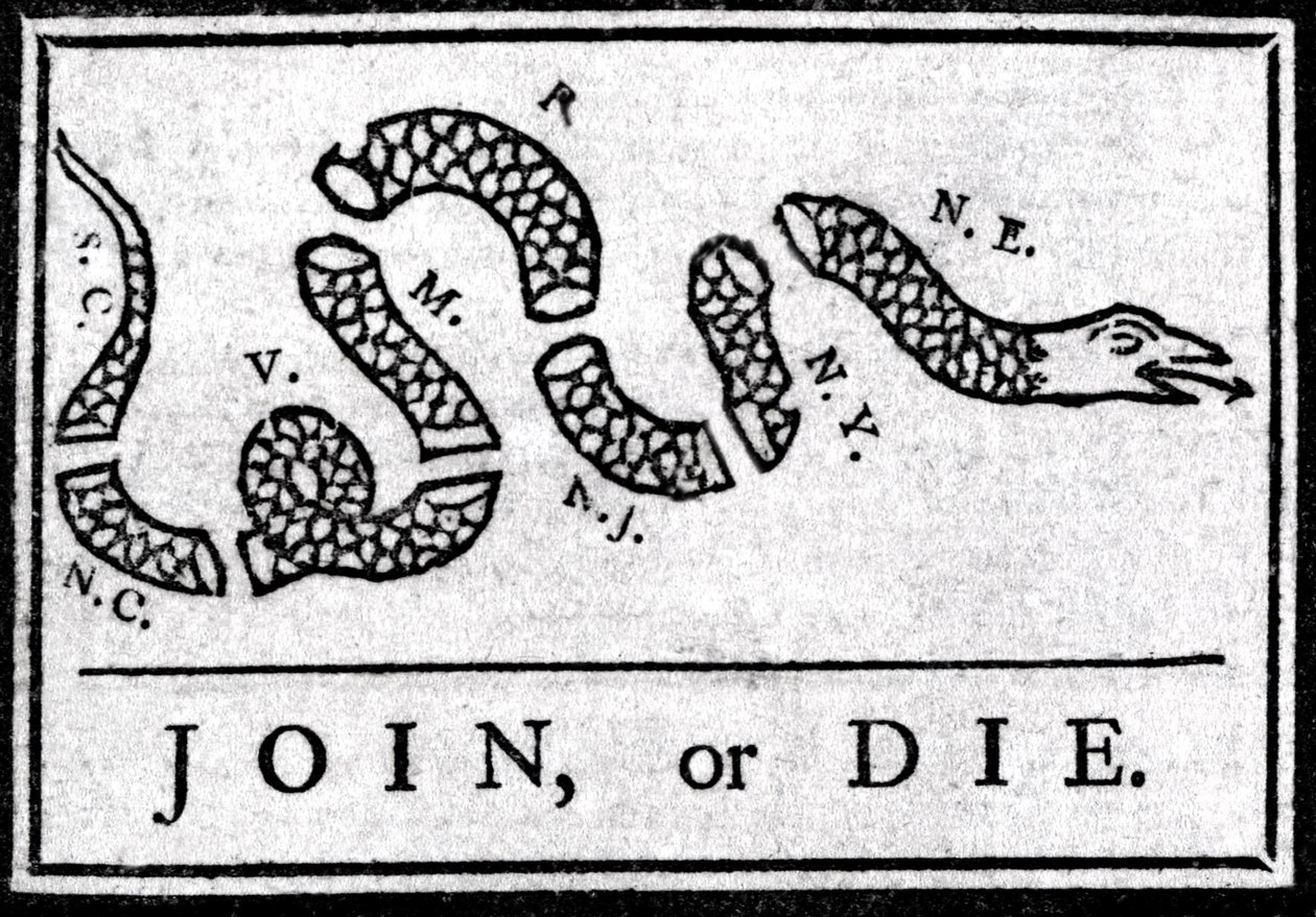 Join or Die, Zeichnung, gilt als der erste politische Cartoon, veröffentlicht in der „Pennsylvania Gazette“ von Benjamin Franklin im Jahr 1754. Es stellt eine in mehrere Abschnitte geteilte Schlange mit der Legende „Join or Die“ dar. Dies ist ein Appell an von American School