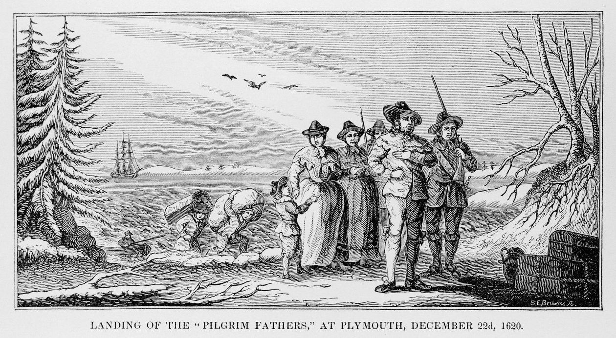 Landung der Pilgerväter in Plymouth auf Cape Cod, Massachusetts, 22. Dezember 1620, gedruckt in History and Antiquity of New England, New York... 1842 von American School