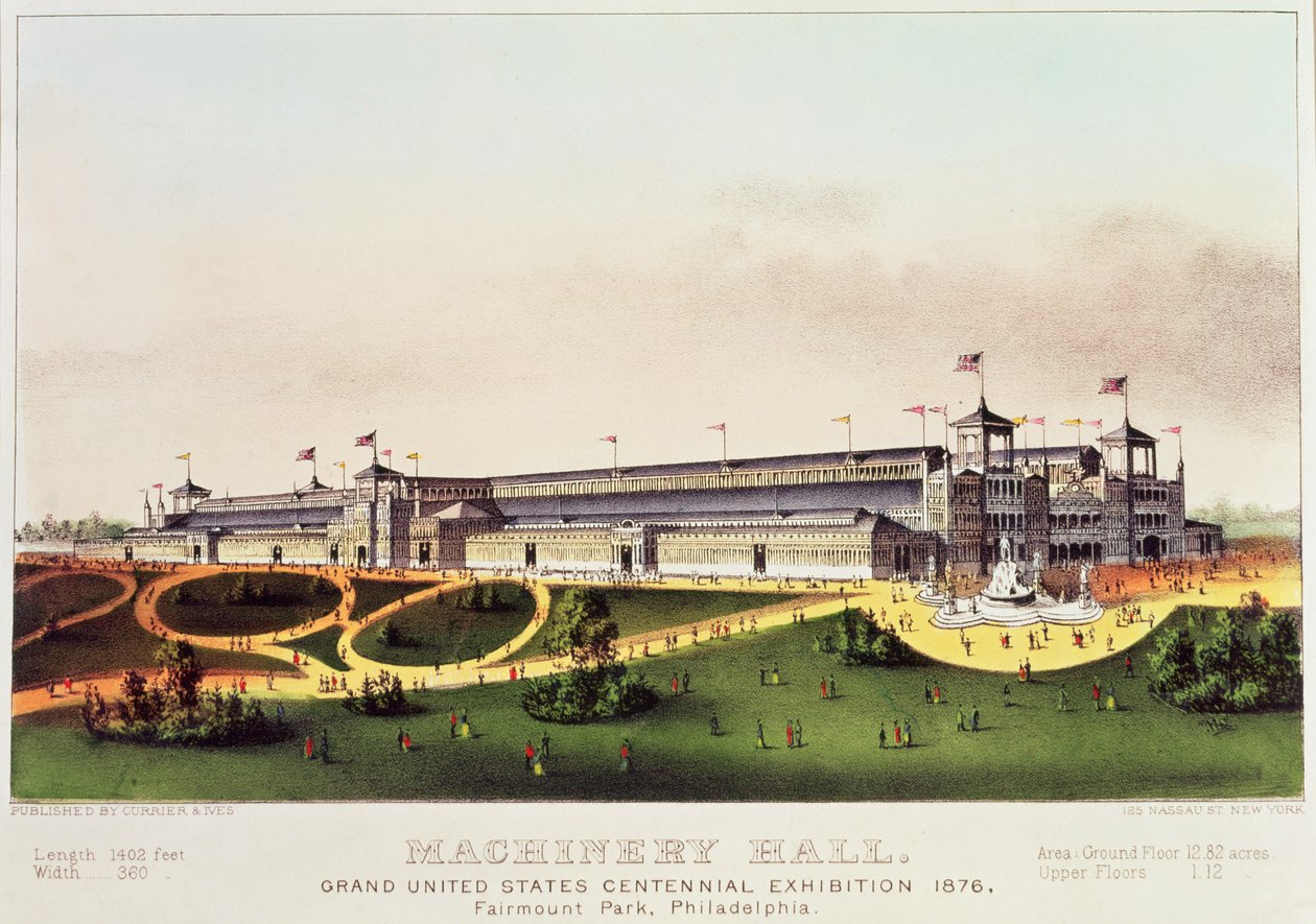 Maschinenhalle, Große Vereinigte Staaten Centennial Ausstellung, Fairmount Park, veröffentlicht von Nathaniel Currier (1813-88) und James Merritt Ives (1824-95), 1876 von American School