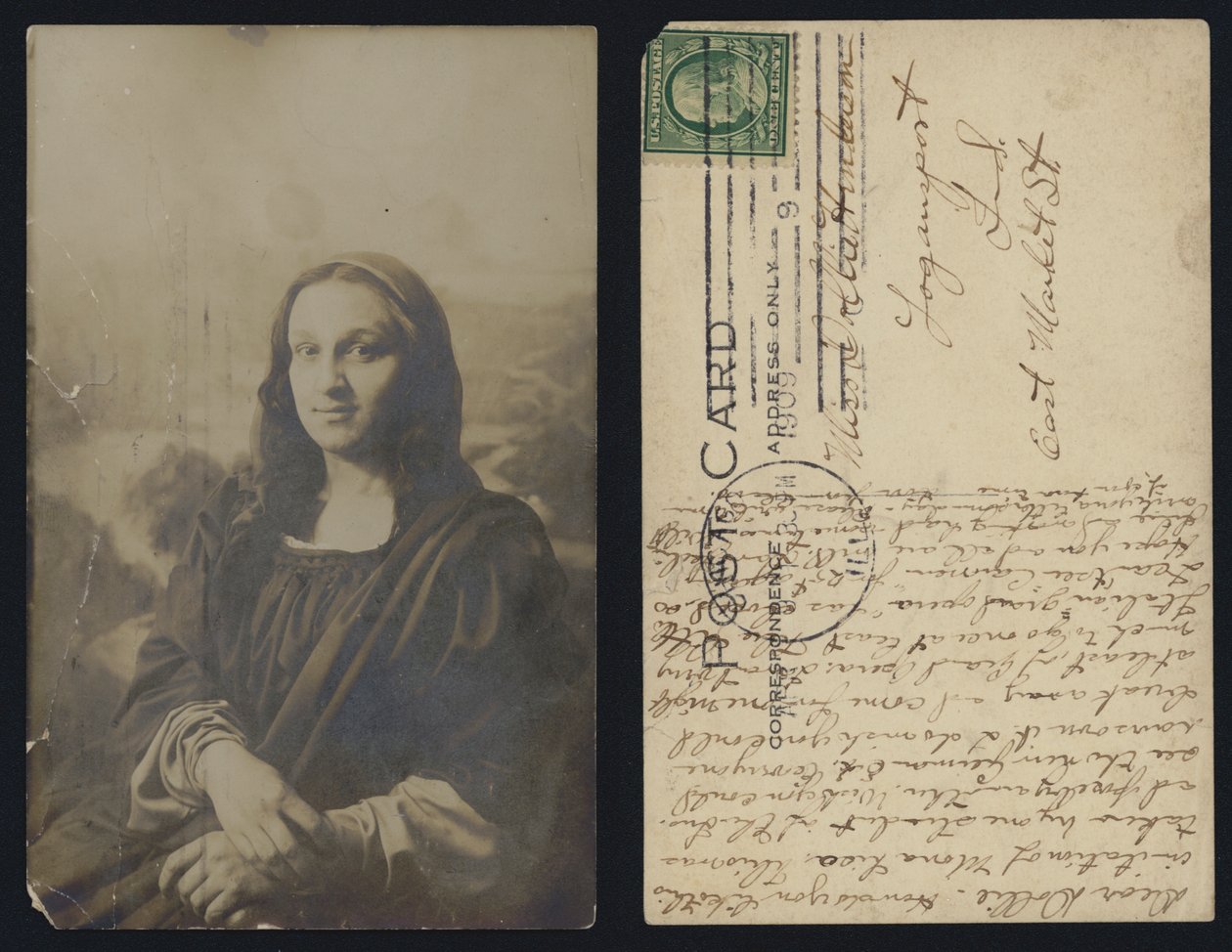 Männliche Mona Lisa Postkarte in den USA gesendet von American School