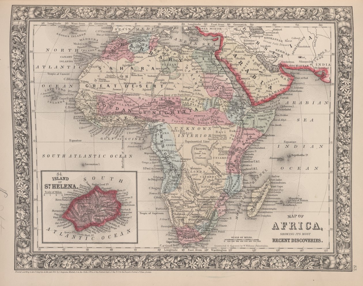 Karte von Afrika mit den neuesten Entdeckungen und der Insel St. Helena, aus Mitchells neuem allgemeinen Atlas, 1863 von American School