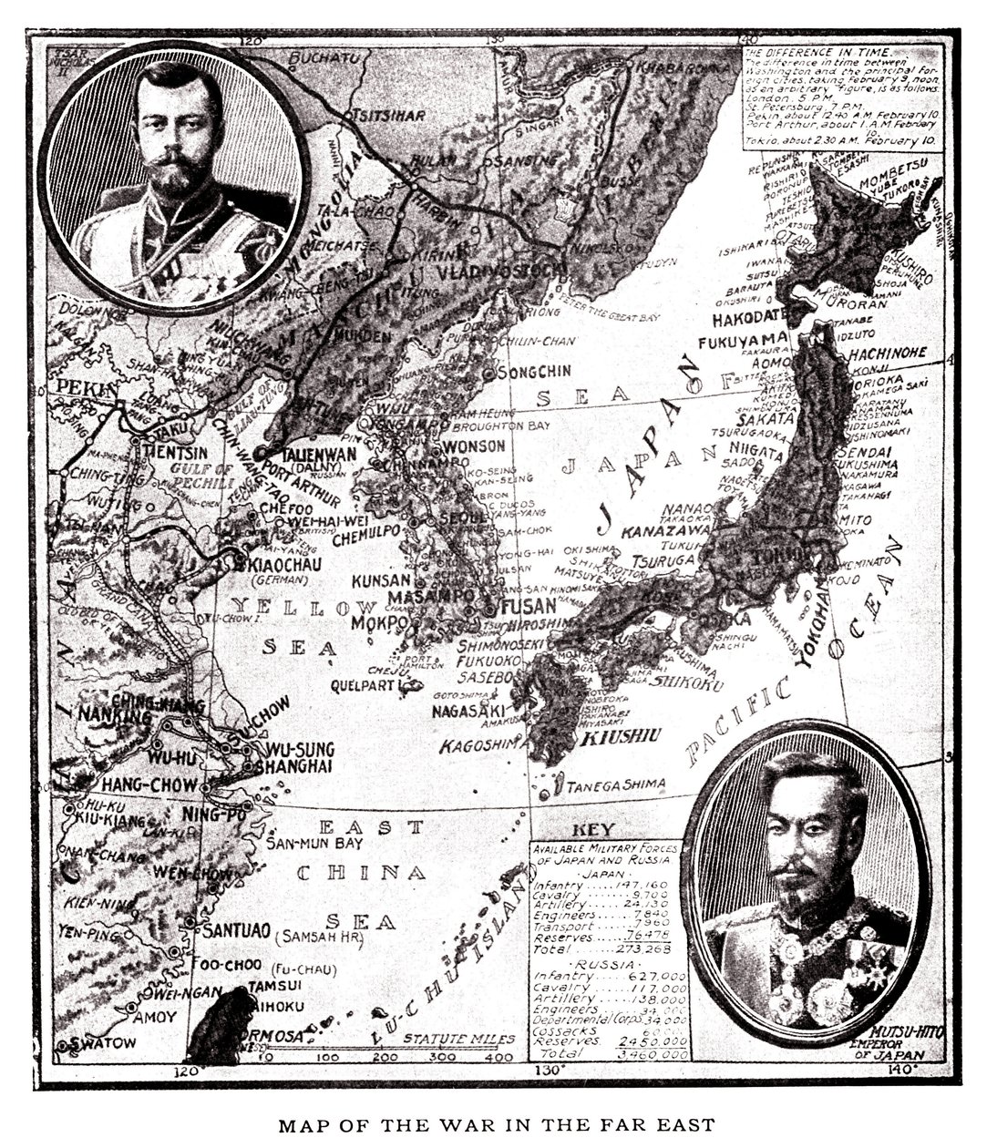 Karte von Ost-Russland, Korea und Japan während des japanisch-russischen Konflikts (1904-1905). Im Medaillon Zar Nikolaus II. von Russland (1868-1918) und Kaiser Meiji von Japan (1852-1912). Illustration in „Russia and Japan and a complete history of the w von American School
