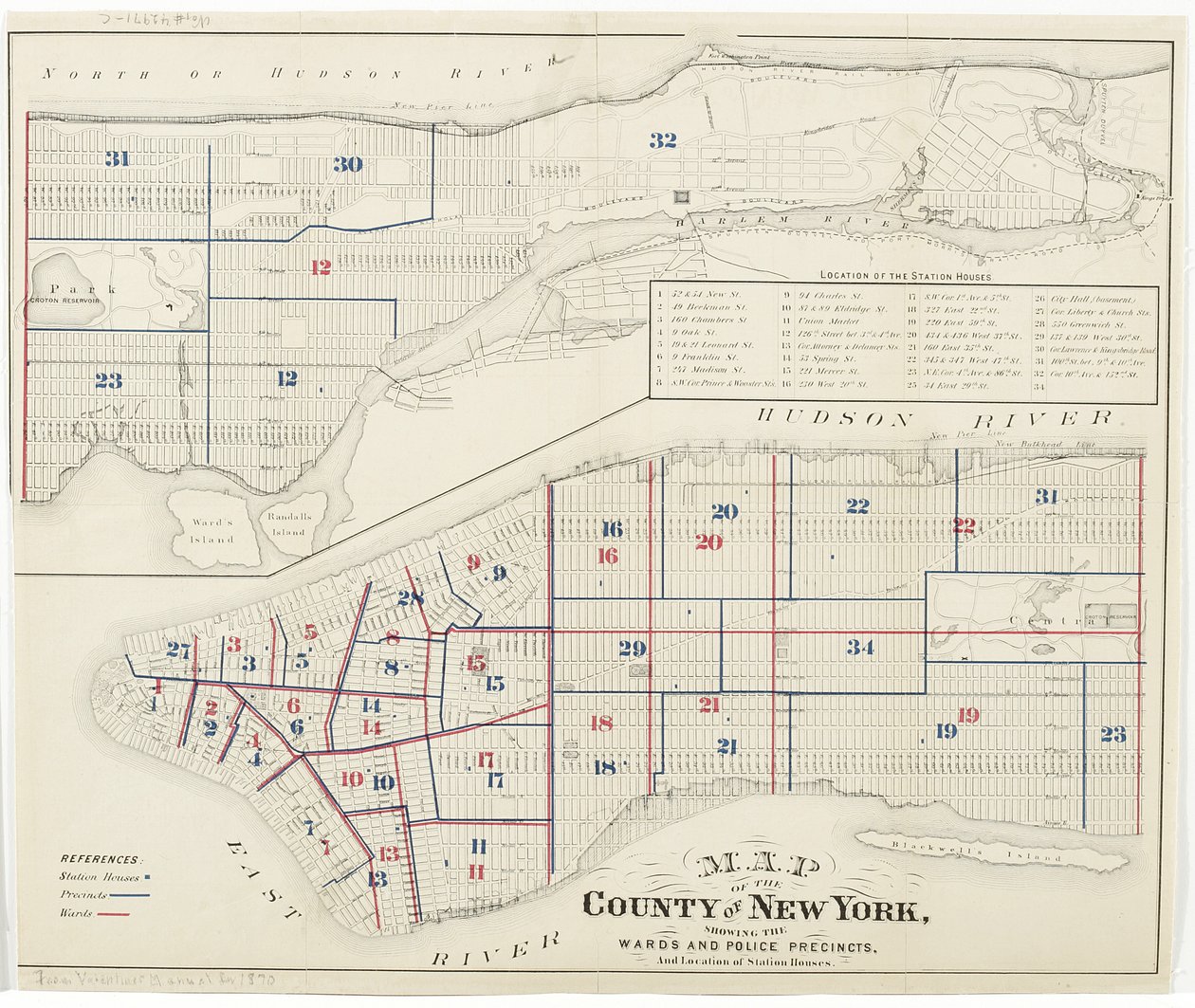 Karte des County New York, zeigt die Bezirke und Polizeireviere und die Lage der Wachen, 1870 von American School