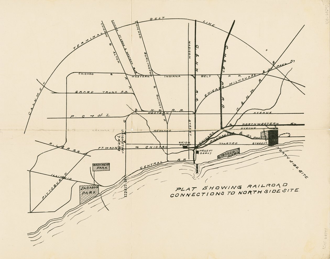 Karte mit Eisenbahnverbindungen zum geplanten Standort der Weltausstellung am Nordufer von American School
