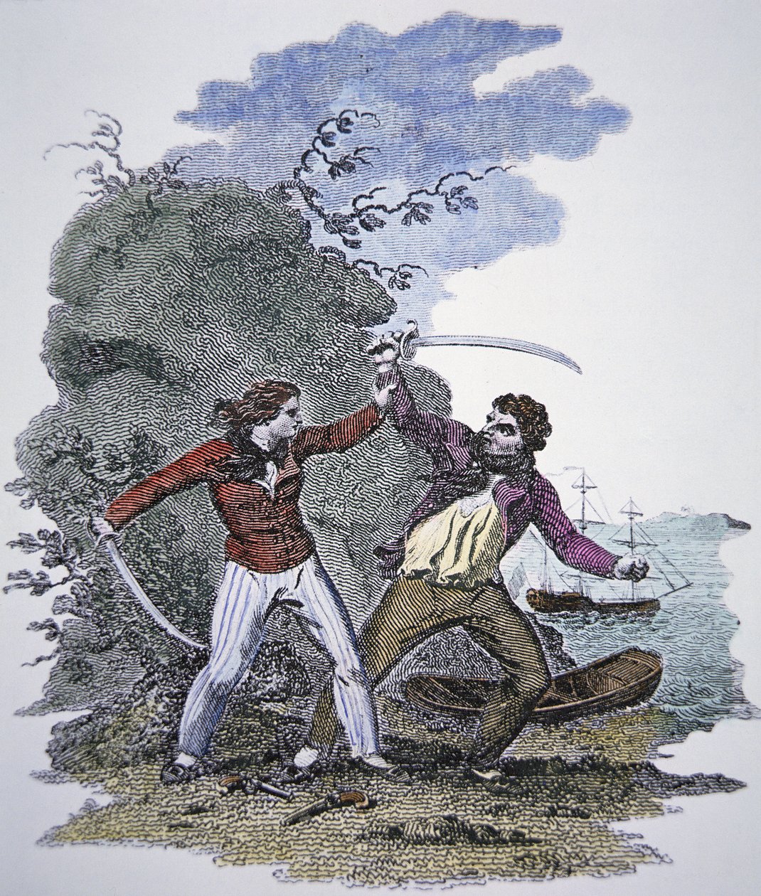 Mary Read kämpft gegen einen anderen Piraten, um das Leben ihres männlichen Liebhabers zu retten von American School