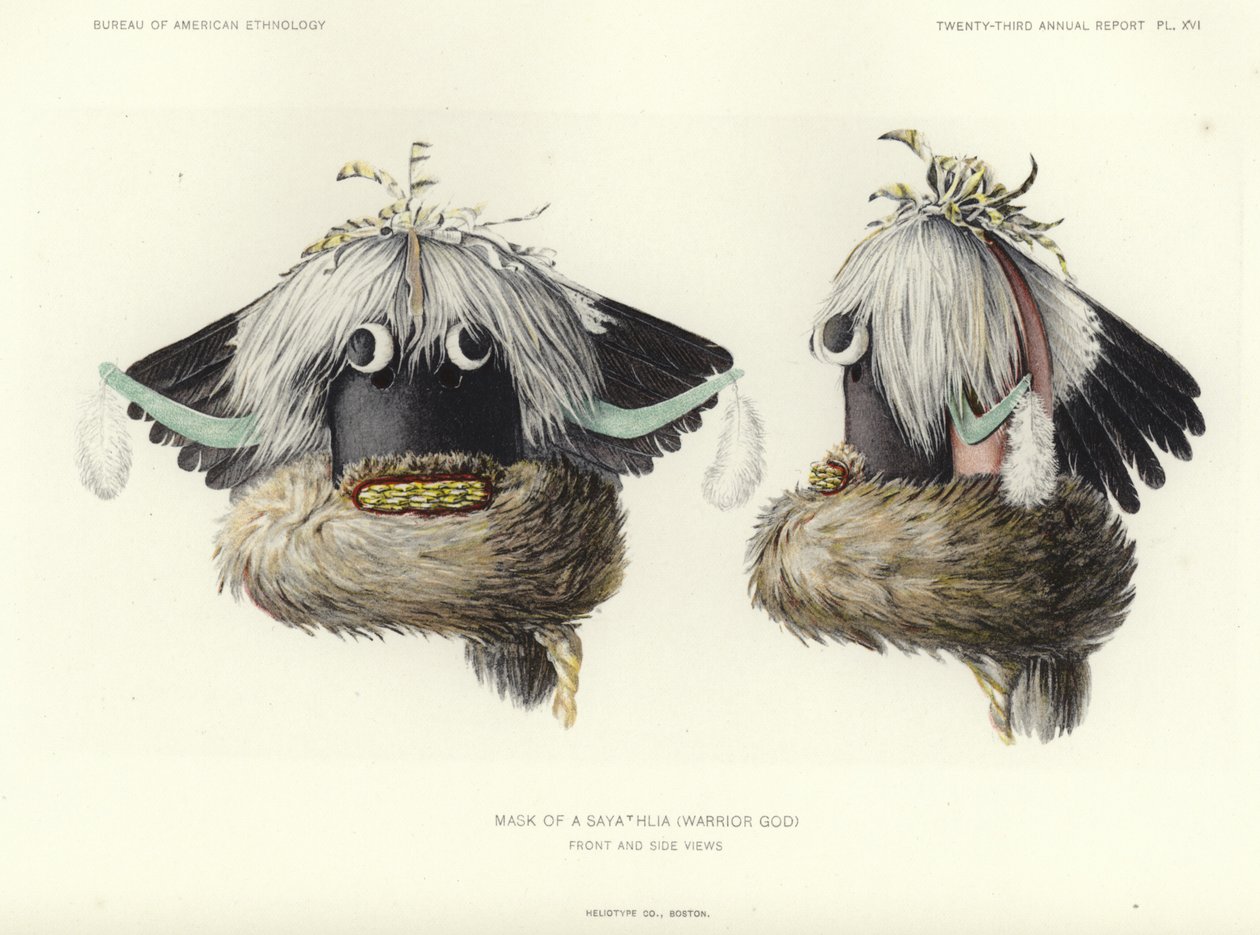 Maske eines Sayathlia (Kriegergott) - Vorder- und Seitenansicht von American School
