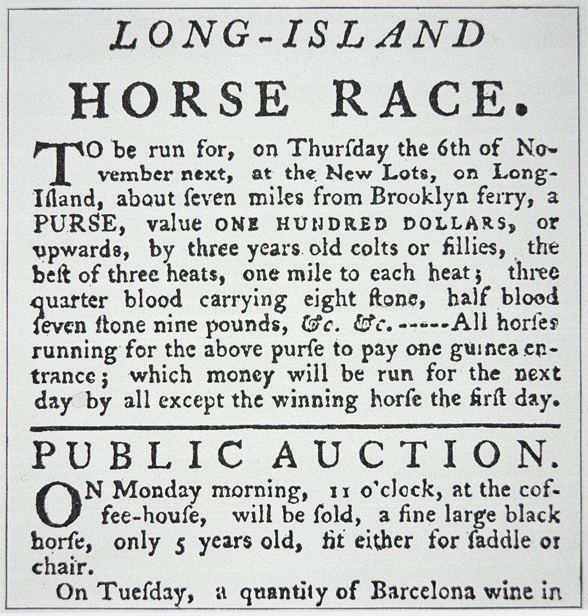 Ankündigung eines Pferderennens auf Long Island, aus Rivington
