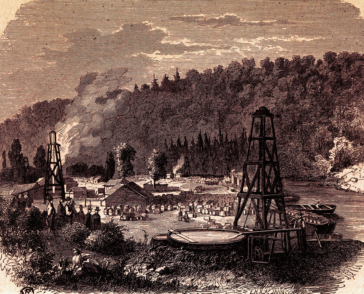Ölfelder in Titusville, Pennsylvania, mit dem ersten Bohrturm, erfunden von Edwin Laurentine Drake im Jahr 1859, Kupferstich, USA von American School
