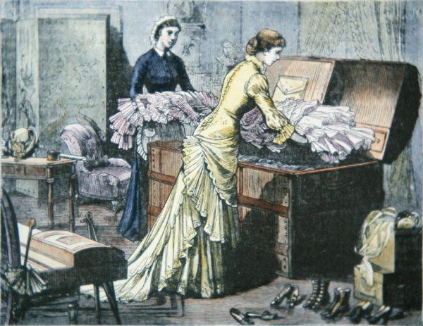 Verpackung des Saratoga-Koffers für die Zugreise nach Saratoga Springs, New York, ca. 1880 (kolorierte Gravur) von American School
