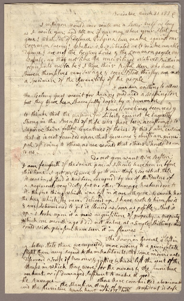 Seite 1, Brief von Abigail Adams an John Adams, 31. März - 5. April 1776 (Tinte auf Papier) von American School
