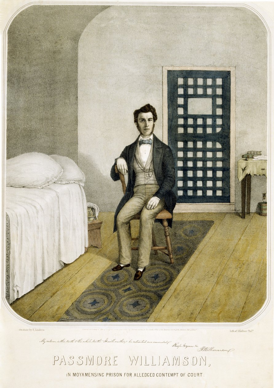 Passmore Williamson im Moyamensing-Gefängnis wegen angeblicher Missachtung des Gerichts, veröffentlicht 1855 (Farblithografie) von American School