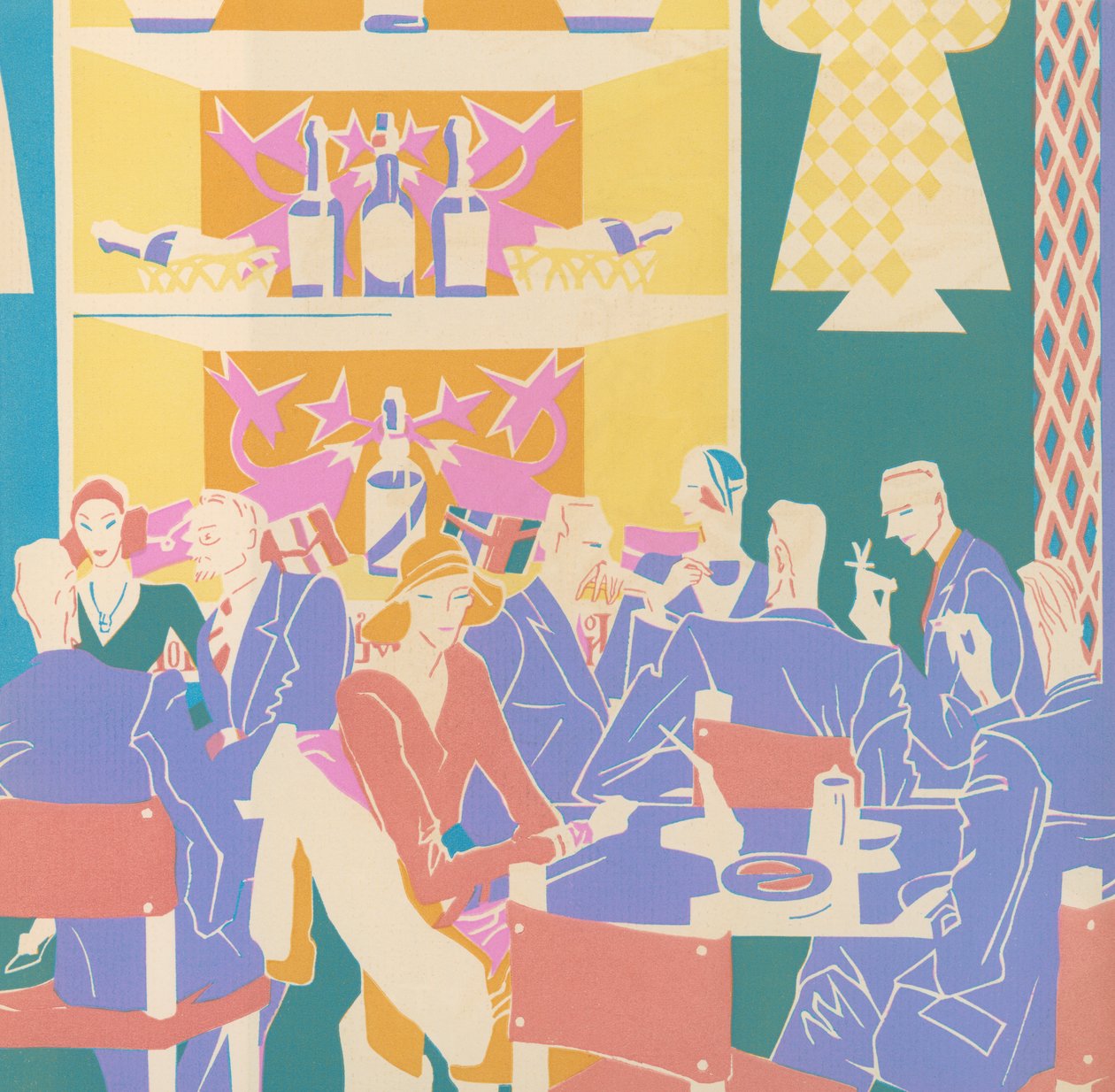 Gäste an Tischen in einem Art-Deco-Jazzclub von American School
