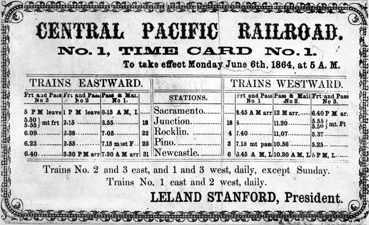Fotografischer Druck des ursprünglichen Fahrplans der Central Pacific Railroad Company vom 6. Juni 1864 von American School