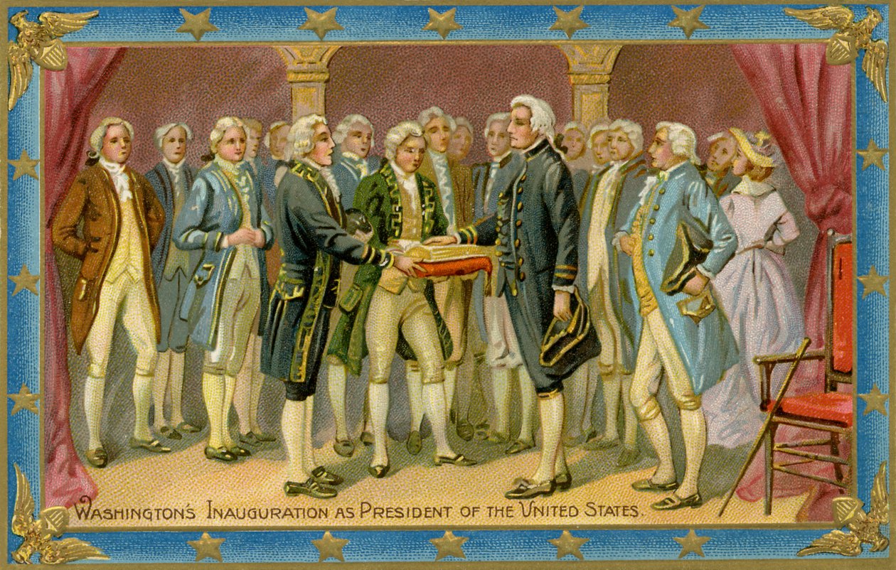 Postkarte, die George Washingtons Amtseinführung zeigt (Druck) von American School