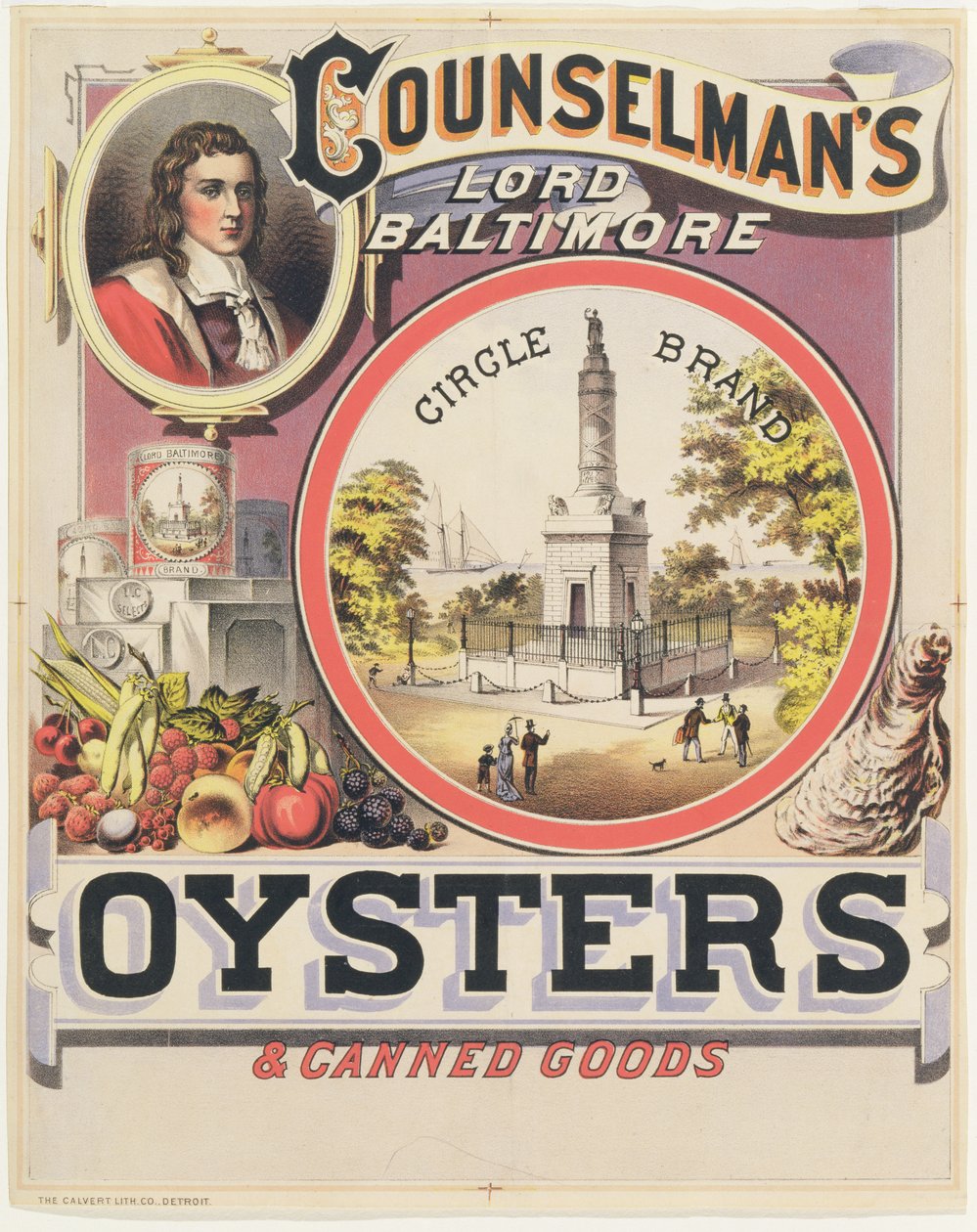 Plakat, das Counselmans Lord Baltimore Circle Brand Austern und Konserven bewirbt von American School