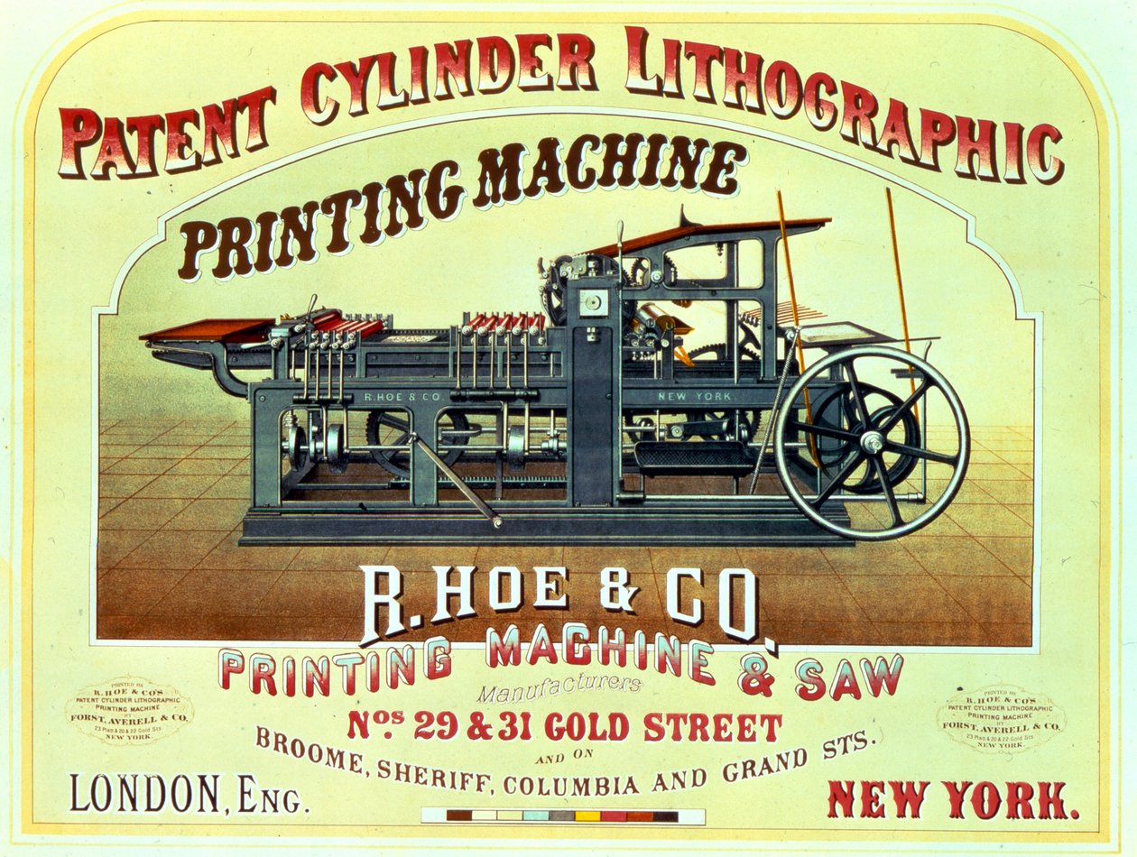 Plakat, das die Patent Cylinder Lithographic Printing Machine, R. Hoe & Co., London und New York bewirbt von American School