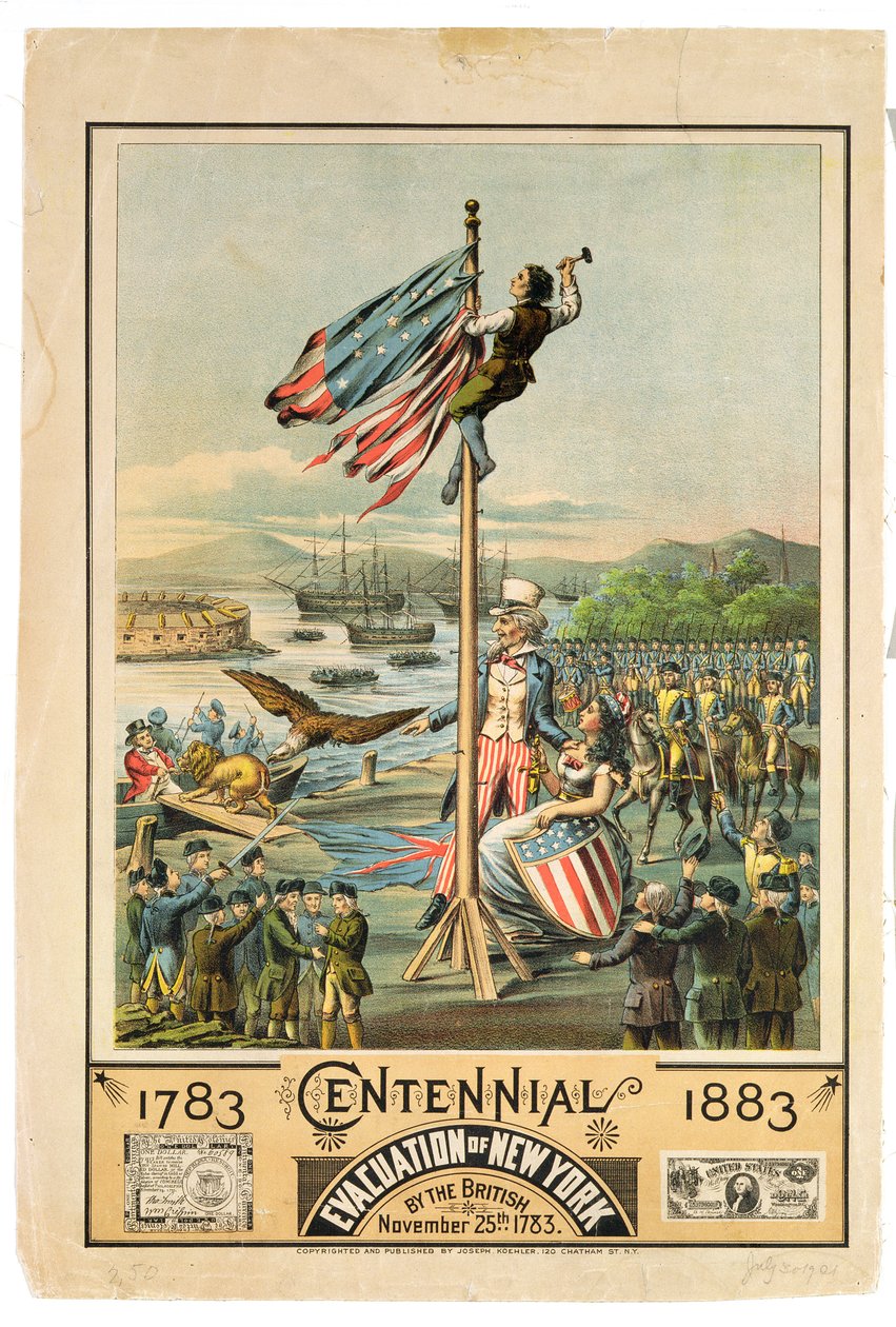 Plakat, das das Hundertjährige Jubiläum der Evakuierung von New York durch die Briten am 25. November 1783 bewirbt, 1883 von American School