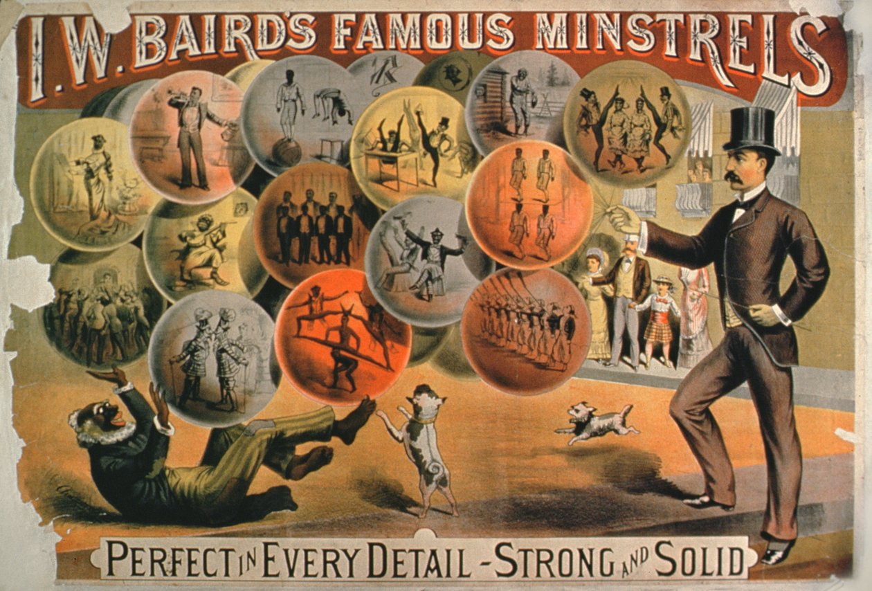 Plakat für I. W. Bairds berühmte Minstrels von American School