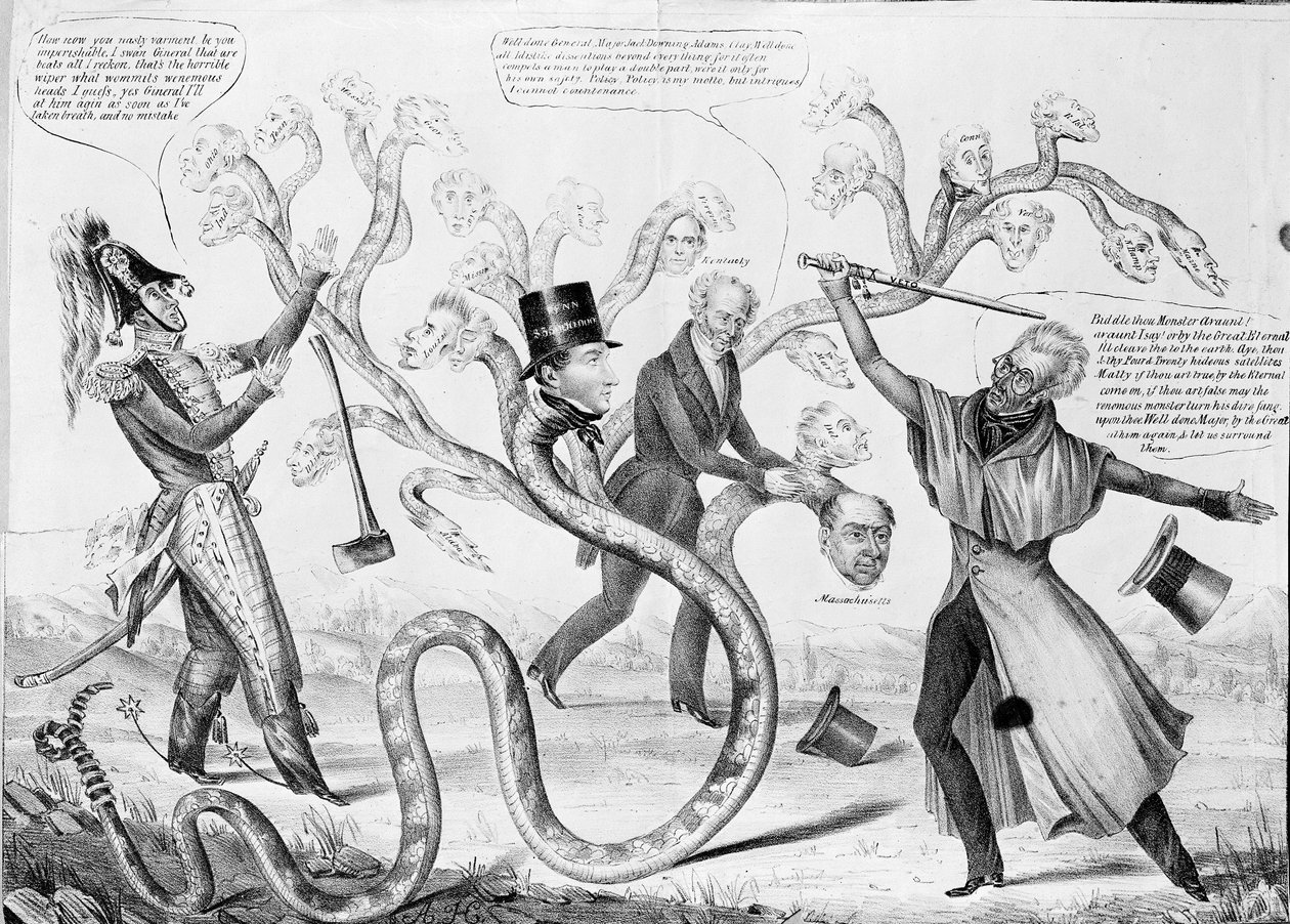 Präsident Andrew Jackson (1767-1845) tötet die Hydra von American School
