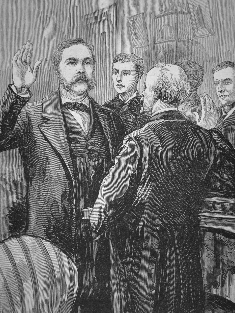 Präsident Chester A. Arthur legt den Amtseid nach dem Tod von James Garfield am 20. September 1881 ab von American School