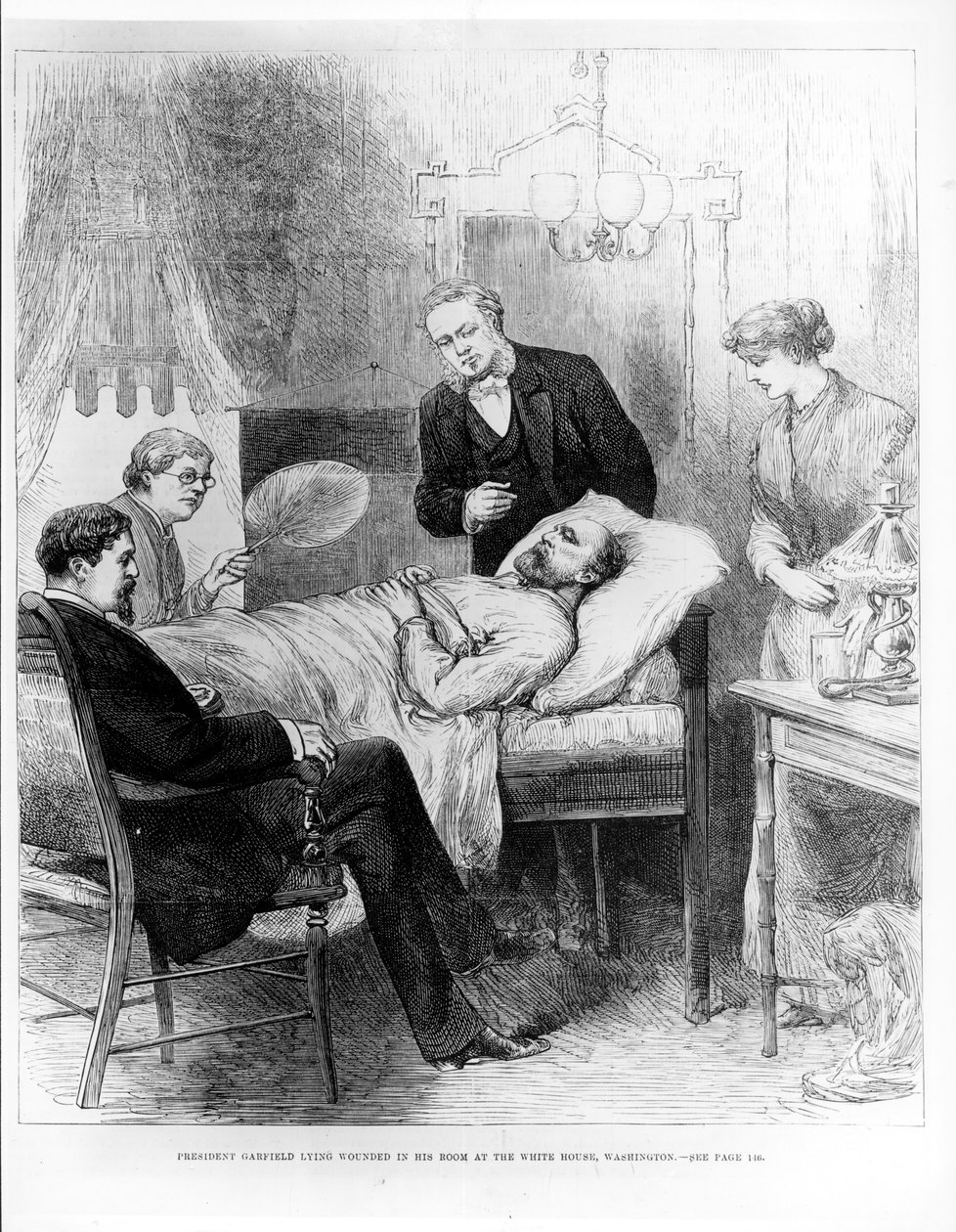 Präsident Garfield liegt verwundet in seinem Zimmer im Weißen Haus, Washington von American School