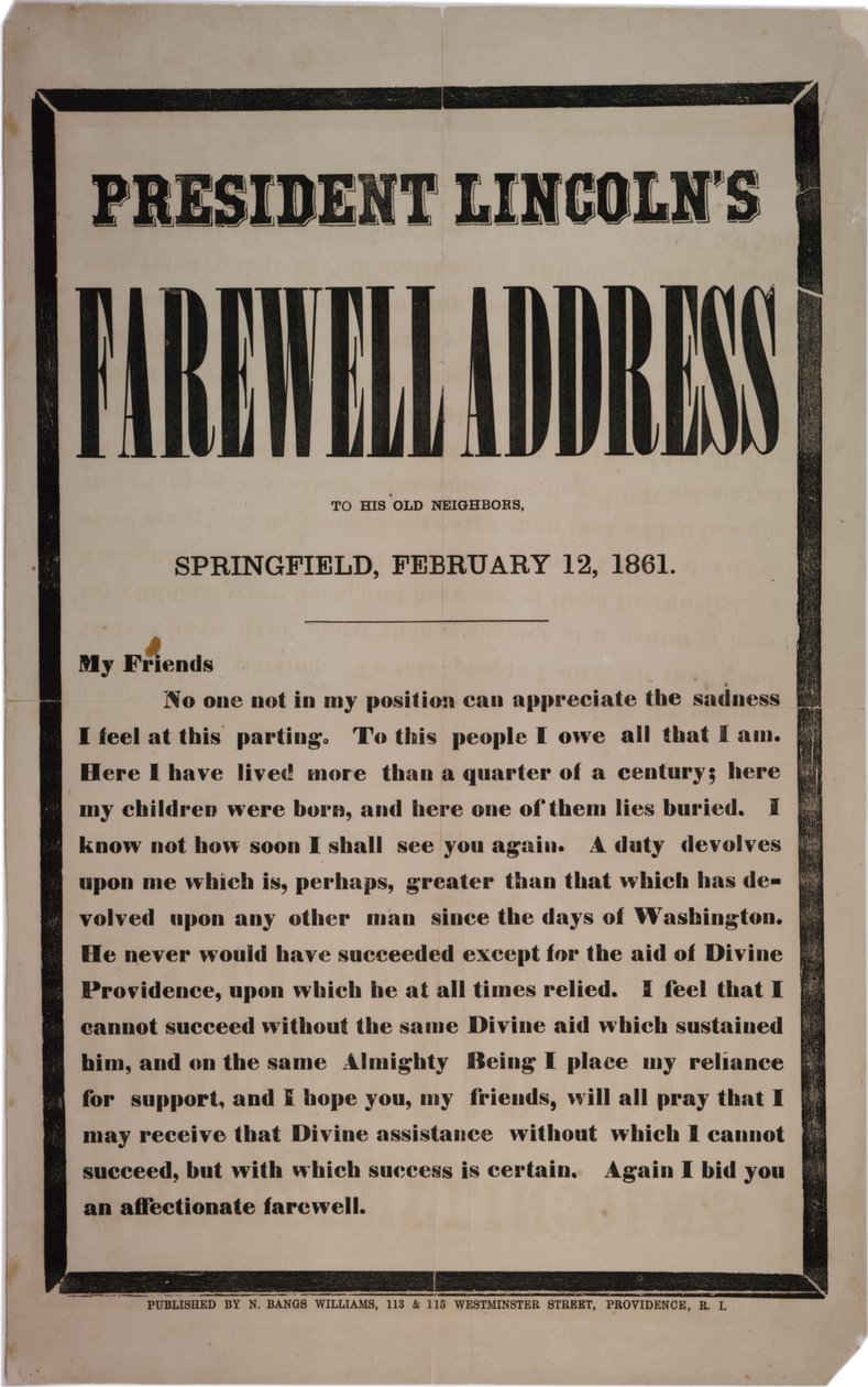 Abschiedsrede von Präsident Lincoln an seine alten Nachbarn, Springfield, 12. Februar 1861 von American School