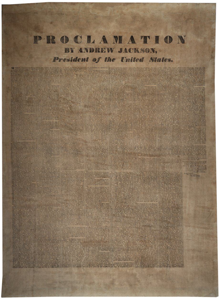 Proklamation von Andrew Jackson (1767-1845), Präsident der Vereinigten Staaten, 10. Dezember 1832 von American School