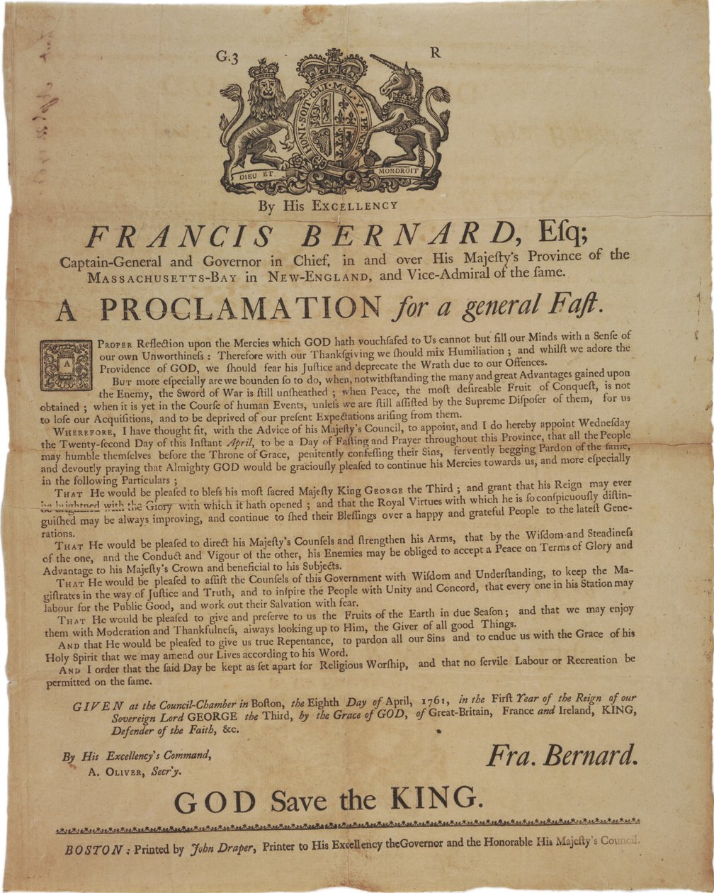 Proklamation im Namen von Francis Bernard, Gouverneur der Massachusetts Bay: Ankündigung eines Fastentages während des Französisch- und Indianerkrieges, 8. April 1761 von American School