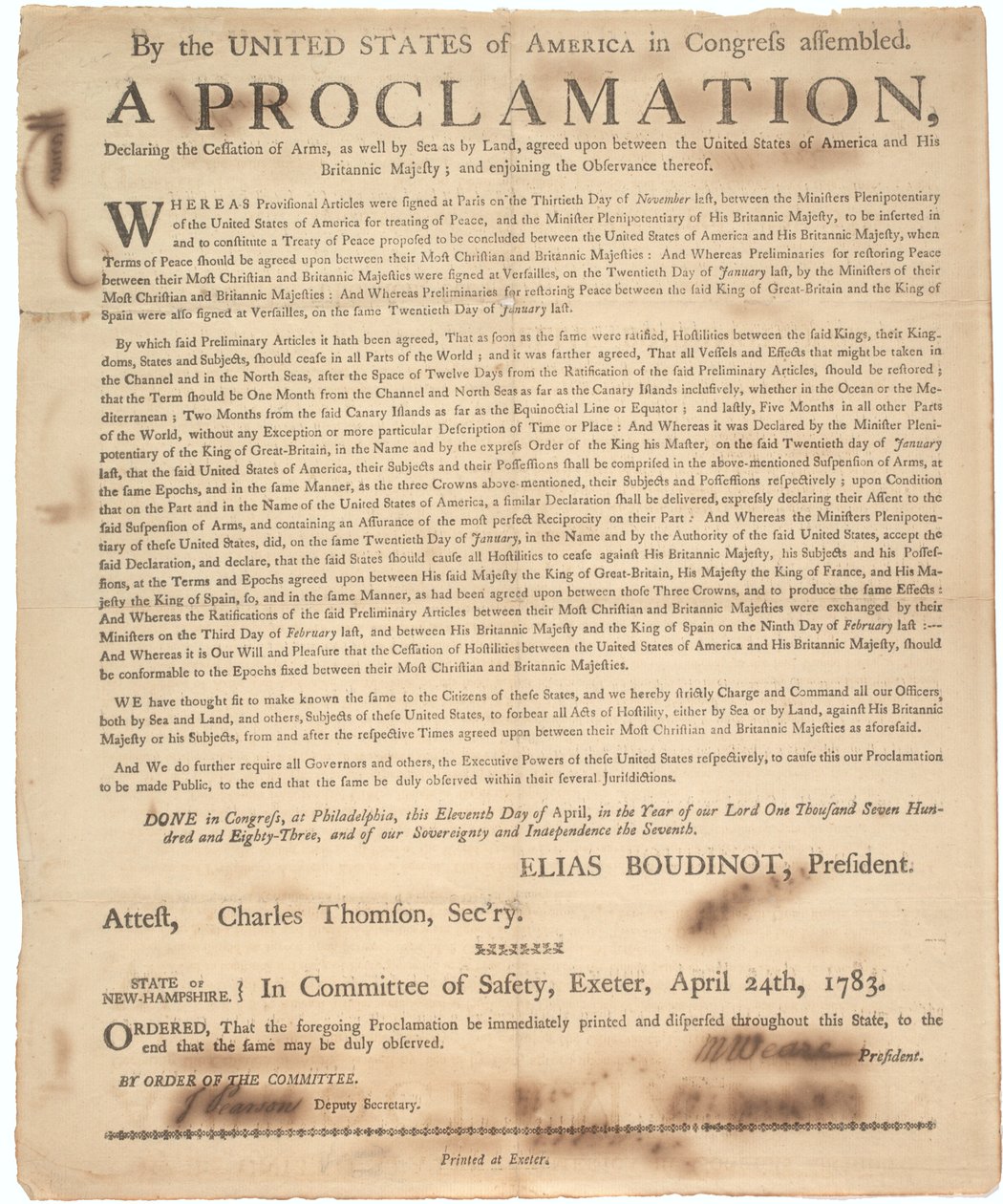 Proklamation des Kongresses zur Erklärung des Waffenstillstands und des Kriegsendes, 24. April 1783 von American School
