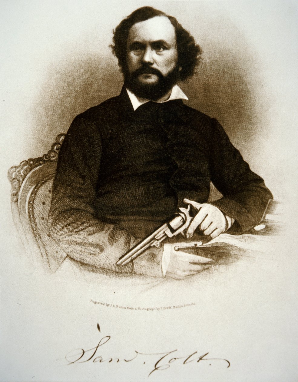 Samuel Colt hält einen seiner Perkussionsrevolver von American School