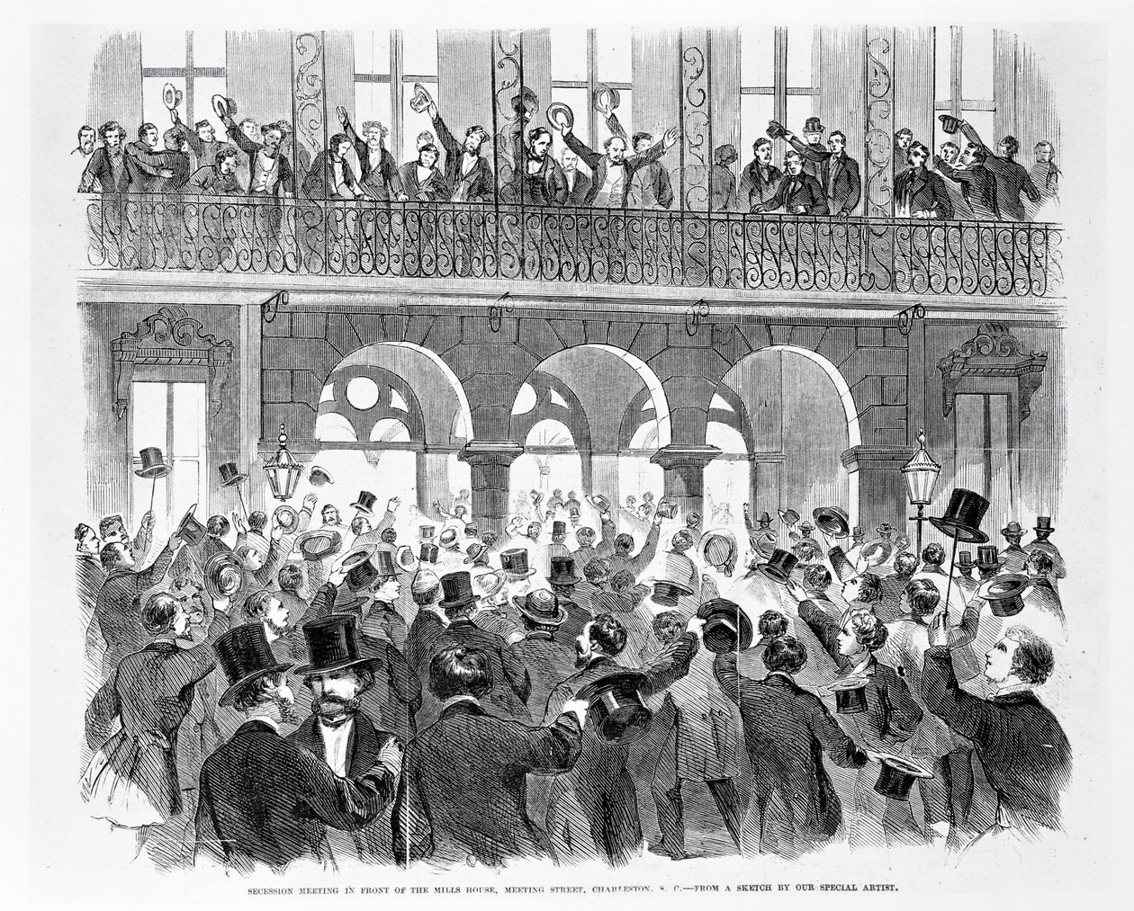 Sezessionstreffen vor dem Mills House, Meeting Street, Charleston, South Carolina, ca. 1860 von American School