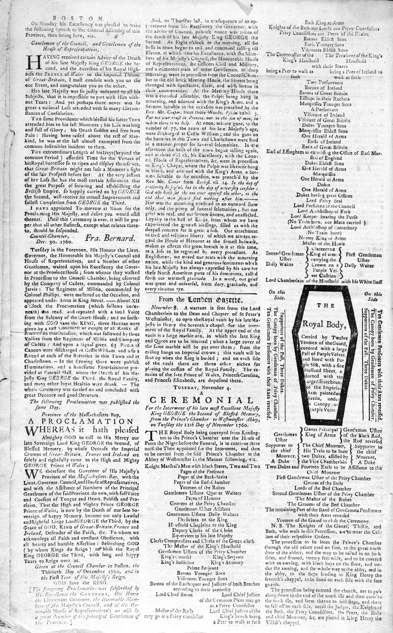 Zweite Seite der Boston Evening Post, die den Tod von König George II. (1683-1760) ankündigt, 5. Januar 1761 von American School